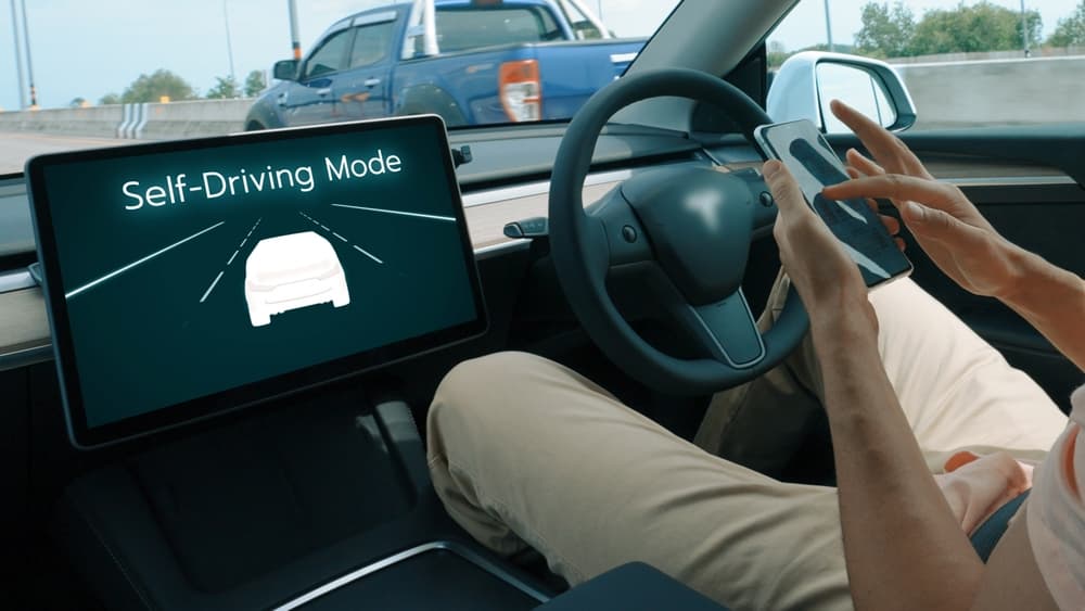 Self driving car or autonomous vehicle travel on speed highway with driverless system and autopilot mode