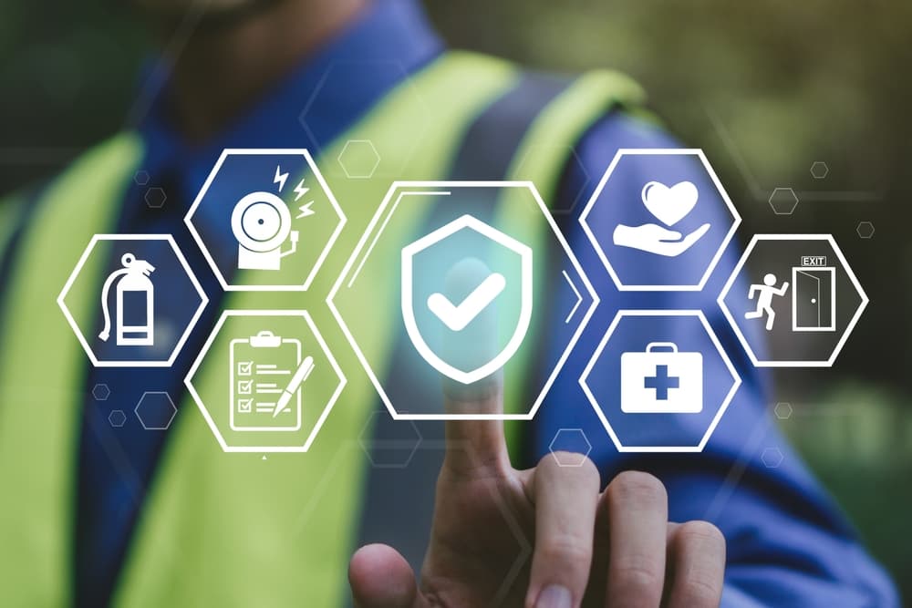 Work safety concept with safety icon representing industry regulations, health protection, and personal security on the job.