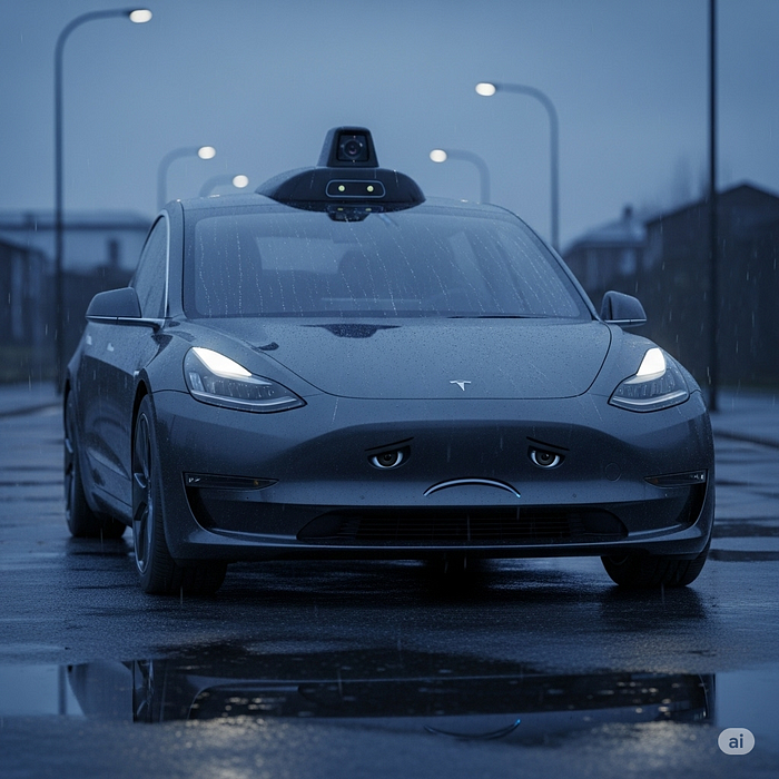 Robotaxi-style car driving in the rain, illustrating safety and liability issues for rideshare passengers.